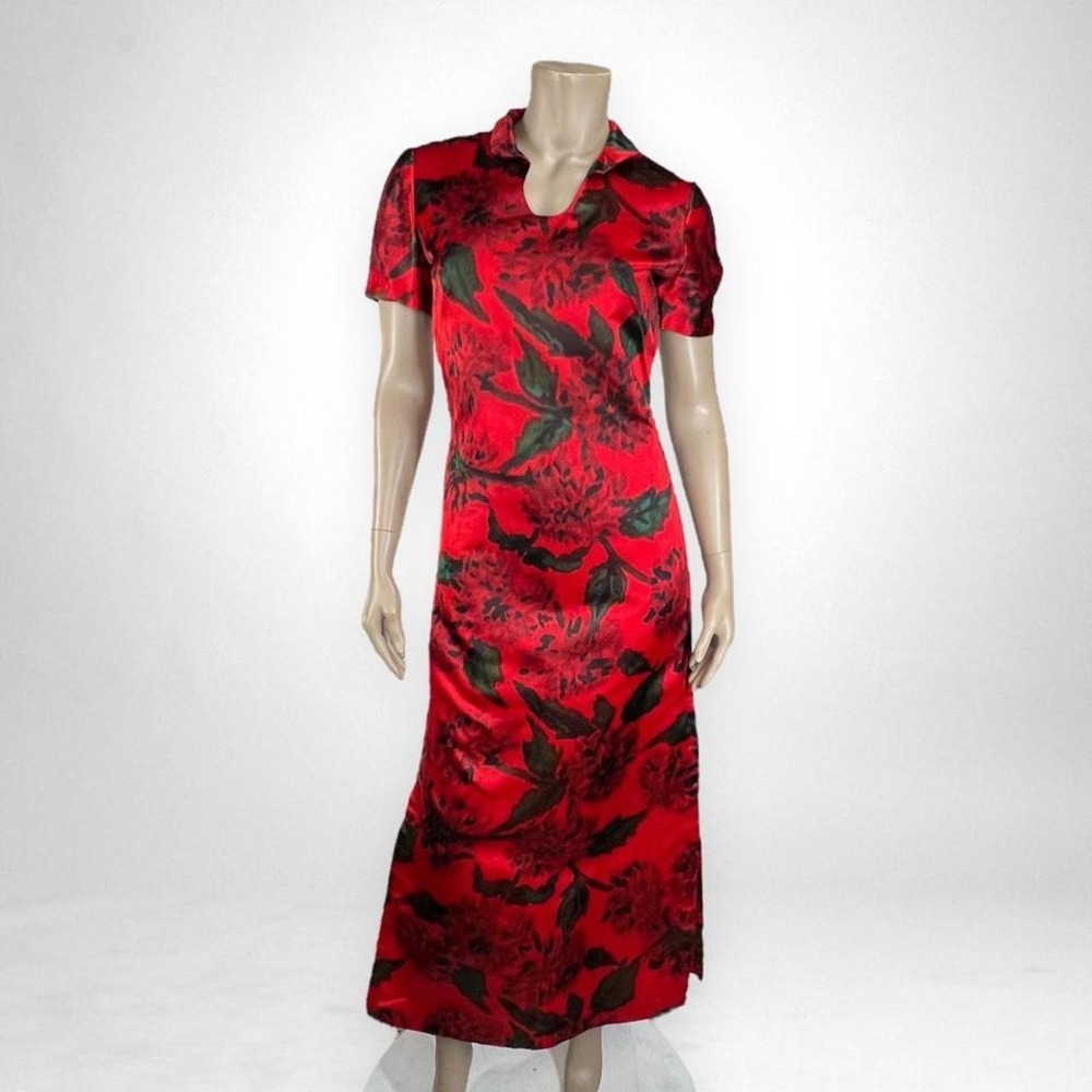 Red Floral Collar Maxi Dress with Short Sleeves